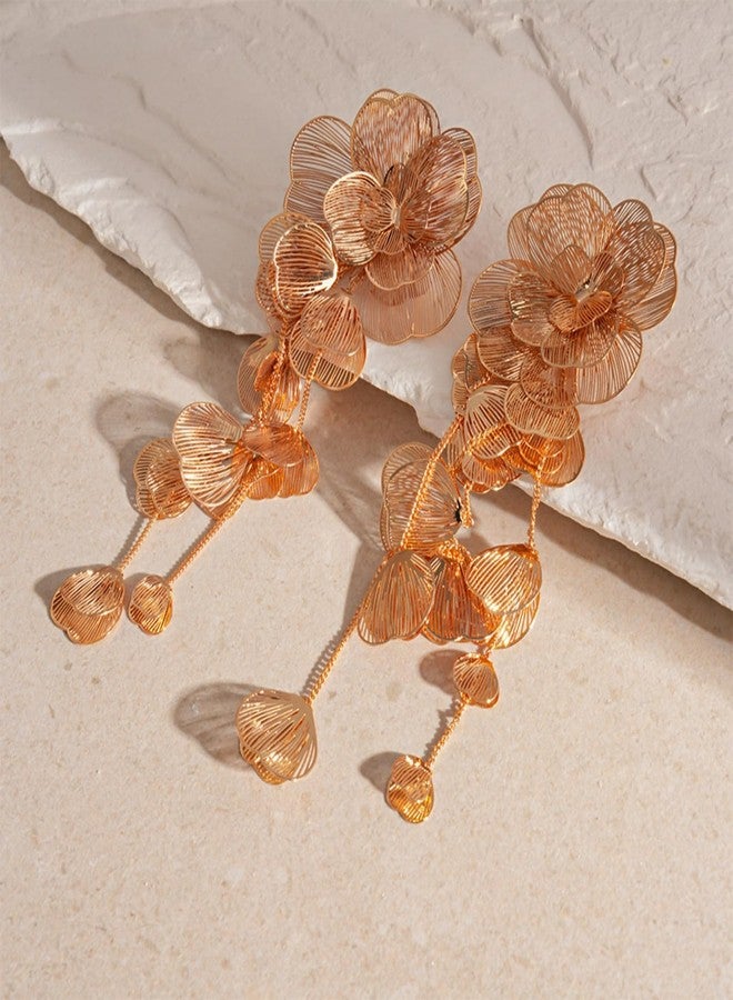 IS4U Chunky Flower Earrings 14K Gold Plated Geometry Petal Earrings Vintage Hollowing Out Layered Dangle Earring Fashion Exaggeration Jewelry for Women (Gold) - Image 2